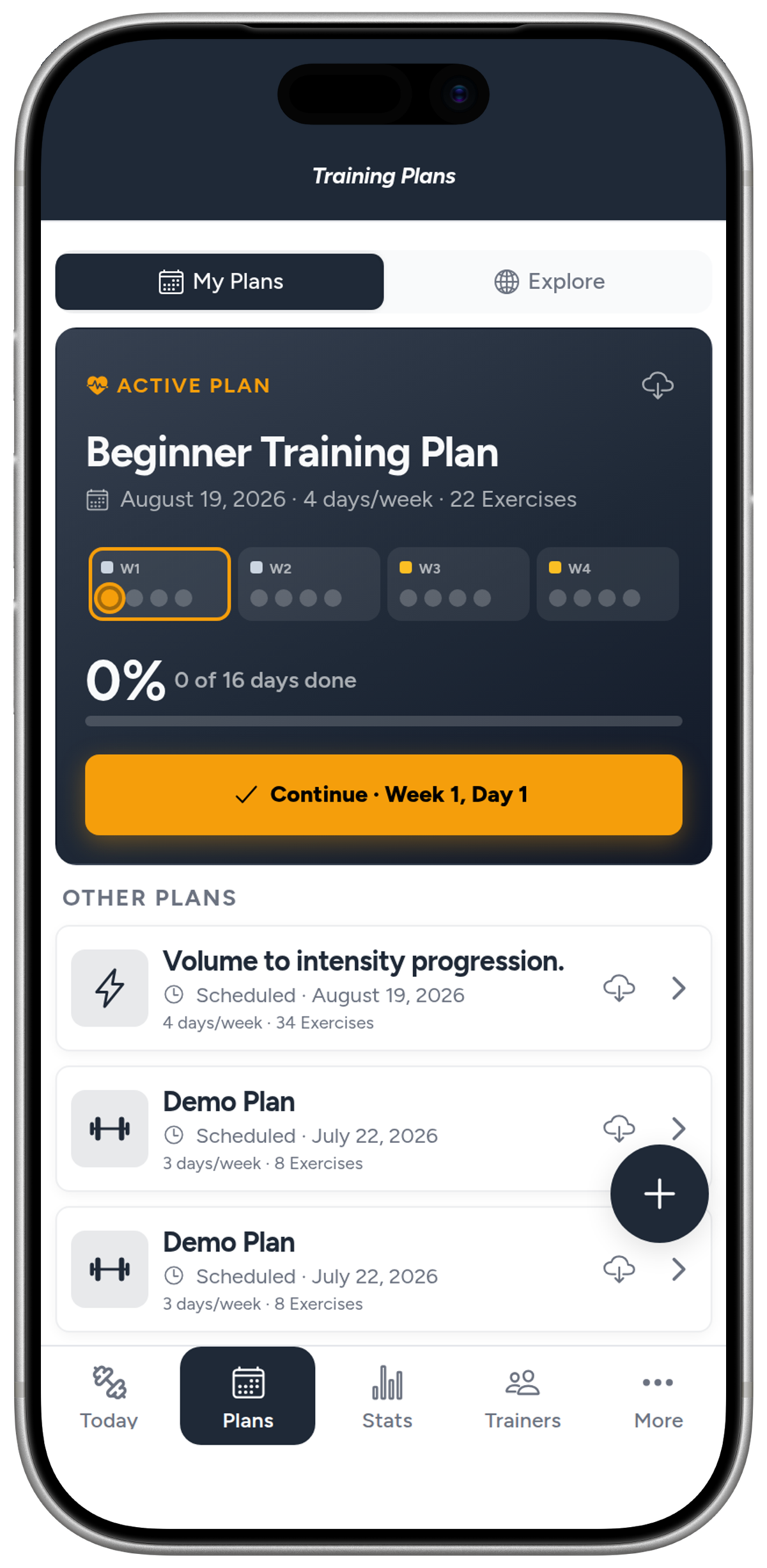 Liftory plans: the active one with its weeks, and the others waiting behind it