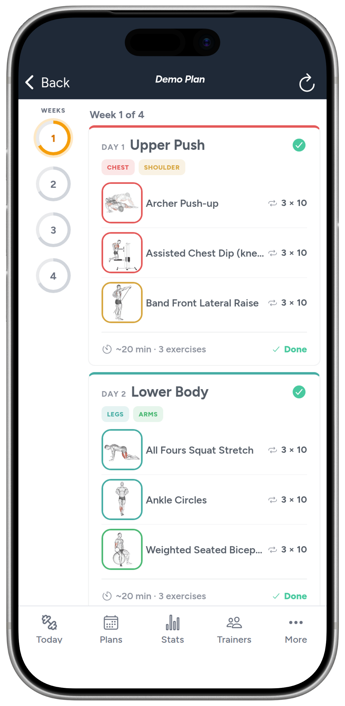 A Liftory training week: each day with its exercises, sets and reps