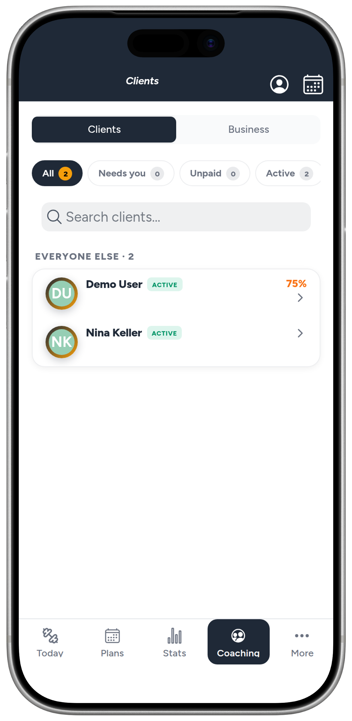 The Liftory coach dashboard, showing a list of clients