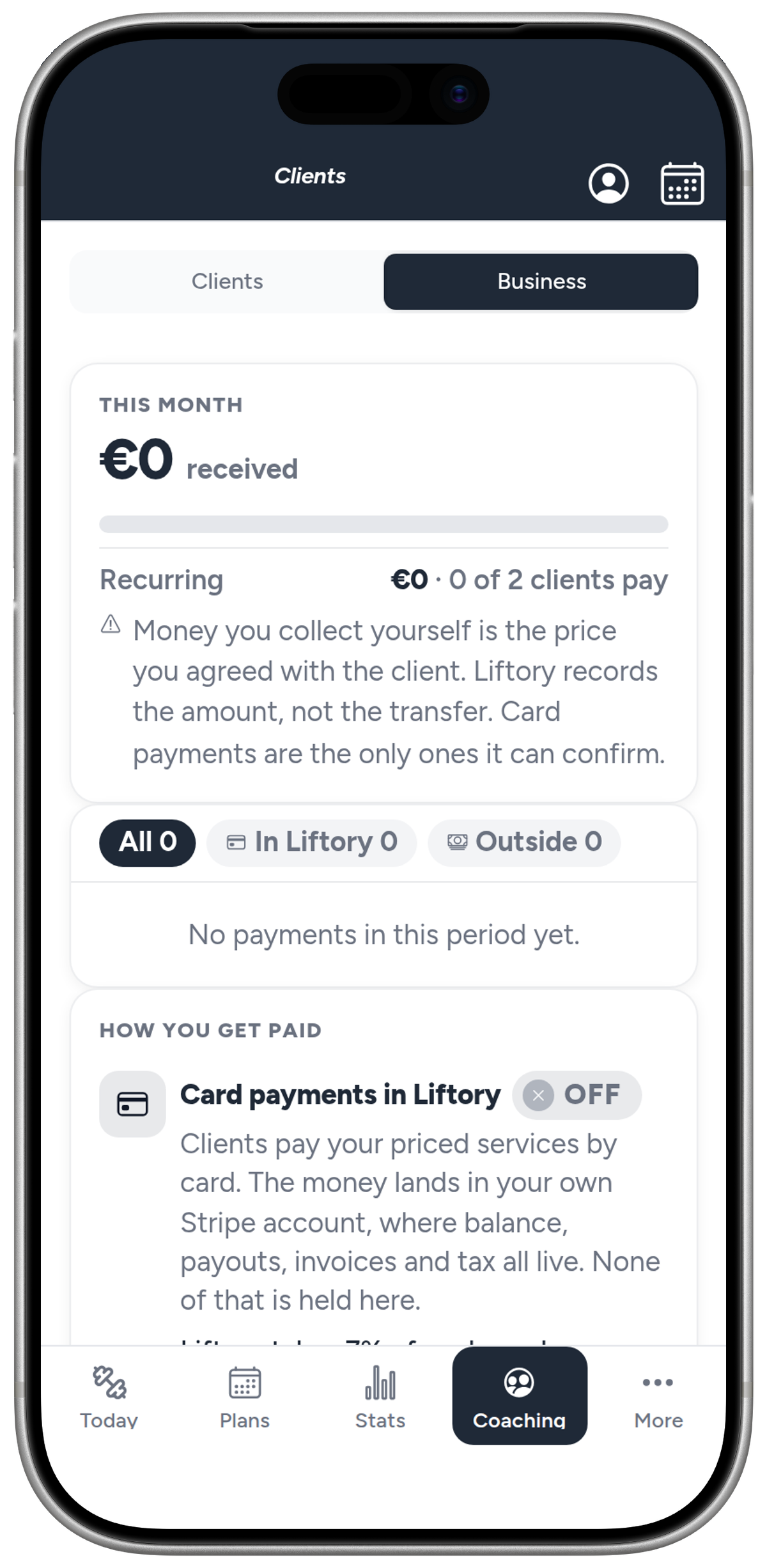 The Business tab in Liftory, showing services, payouts and session balances