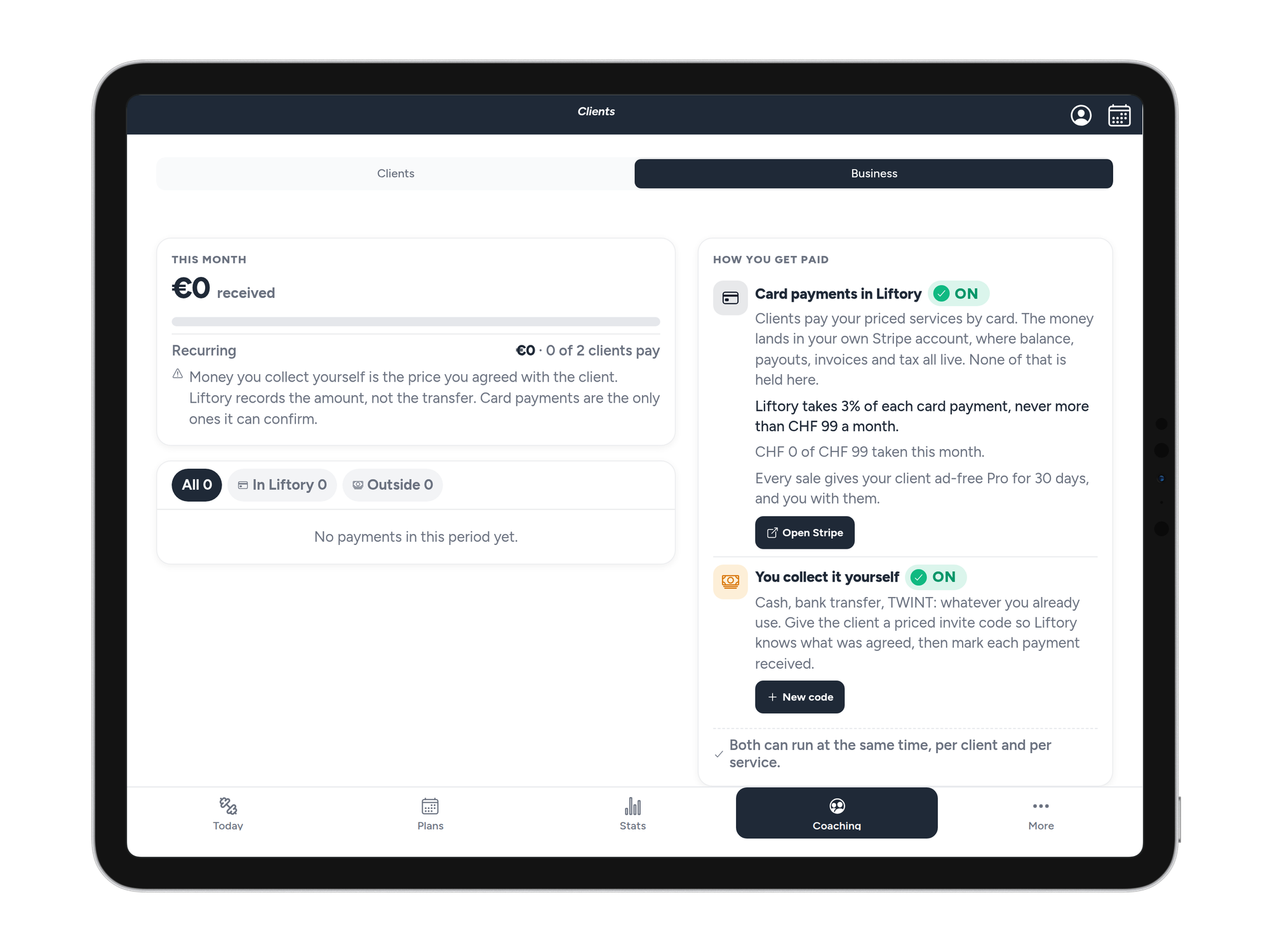 A coach's Liftory business view on iPad: what clients paid, and how payments are collected