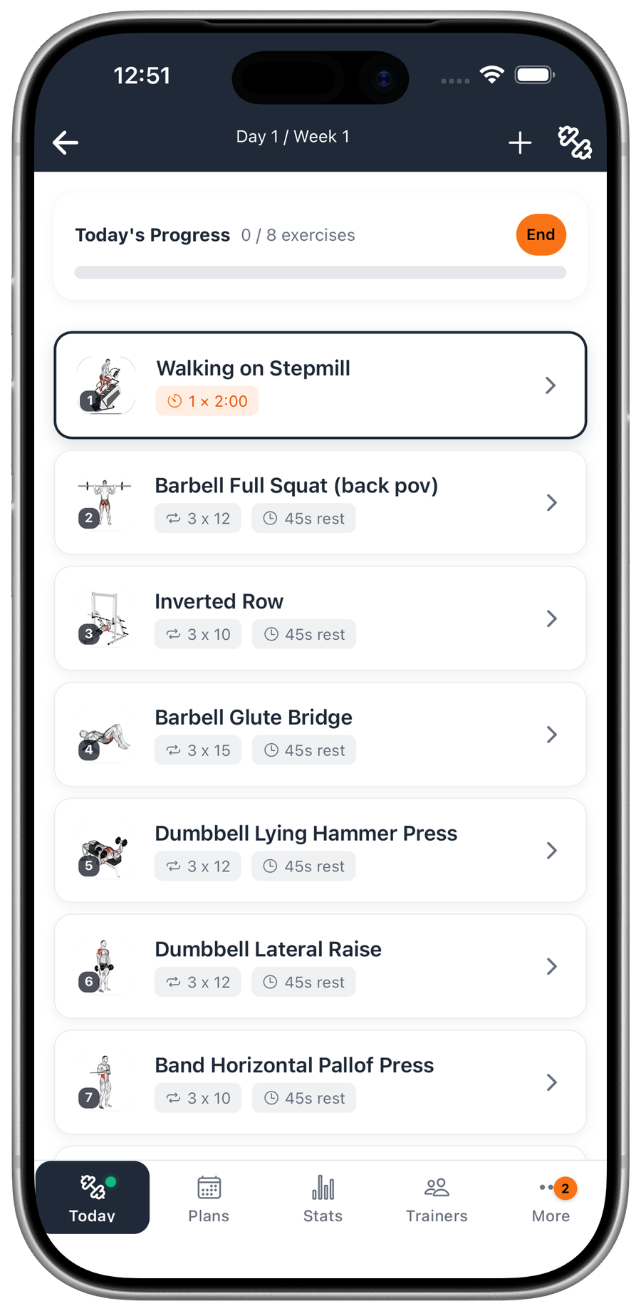 Liftory today's session: the day's exercises with sets, reps, and rest