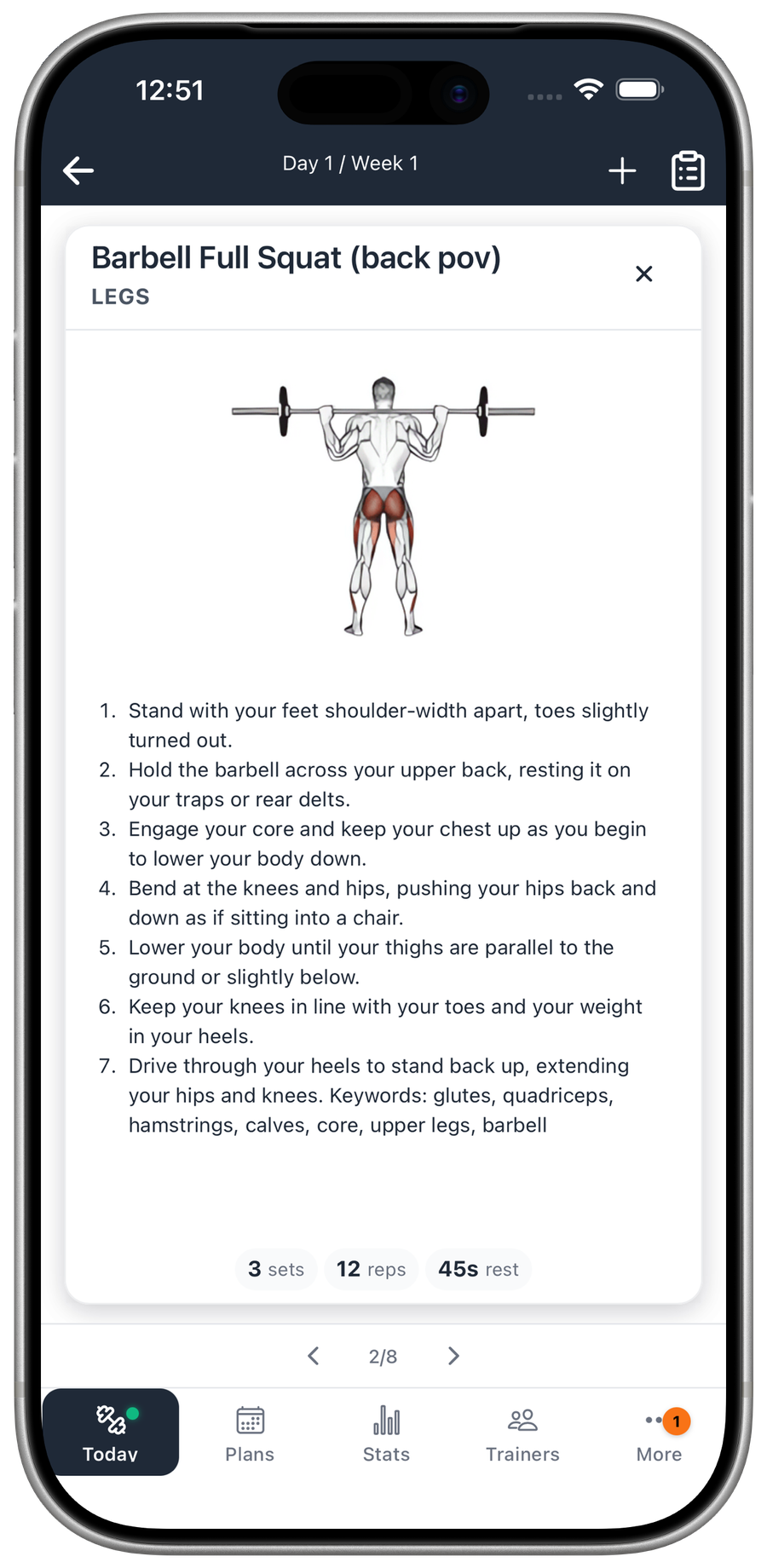 A Liftory exercise detail: the lift, target muscles, and step-by-step form cues