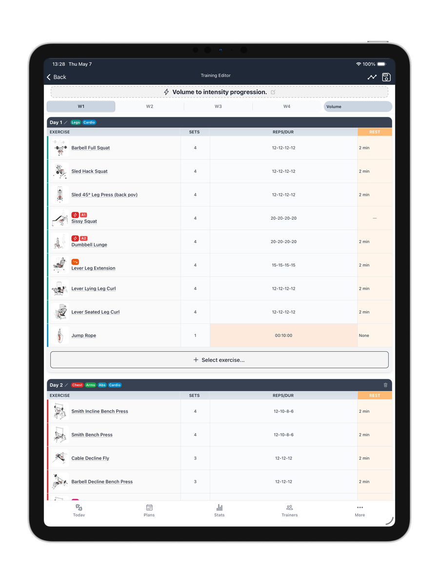 The Liftory training editor on iPad: a coach building a client plan